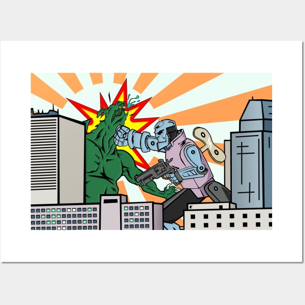 Wind Up Kaiju Fight Wall Art by ChrisOConnell